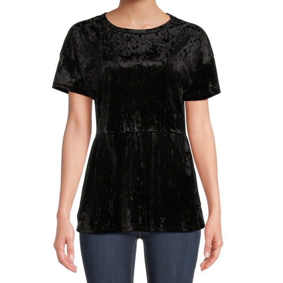 Time and Tru Womens Crushed Velvet Peplum Top Short Sleeve Black Blouse Size XL - Picture 1 of 6
